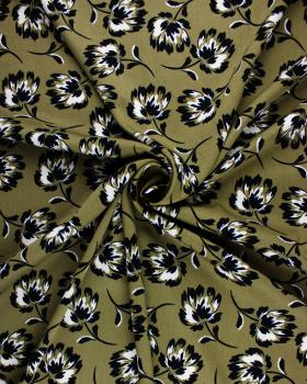 Viscose Stretch Fleurs noires sur fond Vert - Tissushop