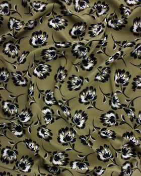 Viscose stretch black flowers on background Green - Tissushop