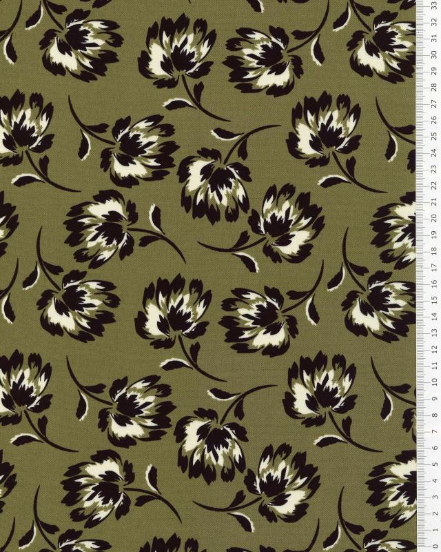 Viscose stretch black flowers on background Green - Tissushop