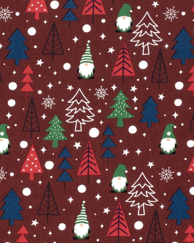 Elf and Christmas Tree Cotton Poplin Bordeaux - Tissushop