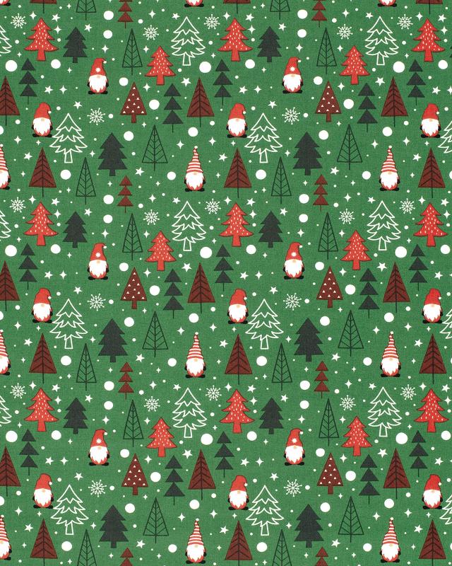 Elf and Christmas Tree Cotton Poplin Green - Tissushop