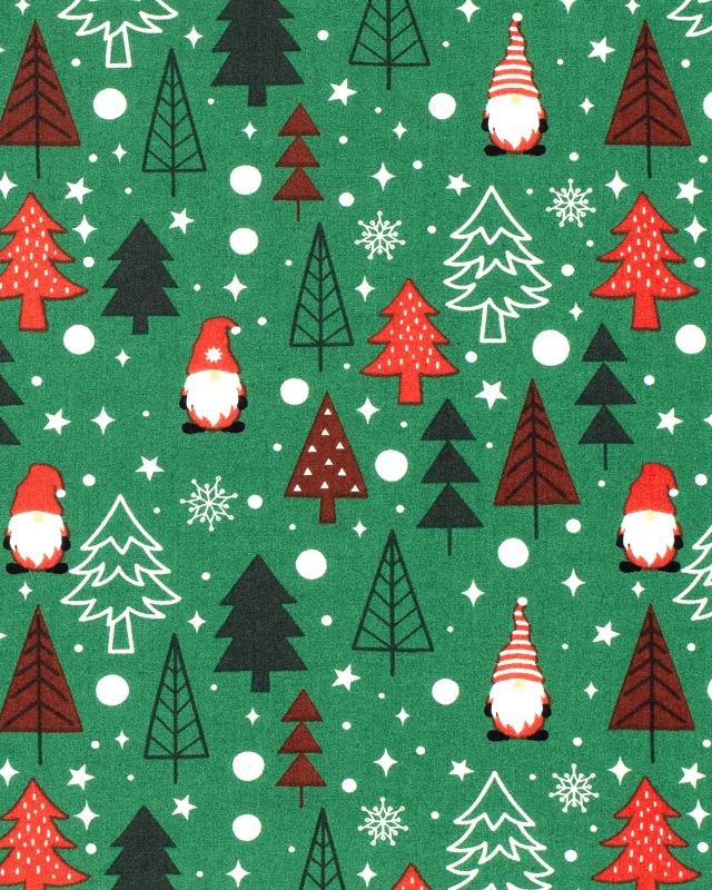 Elf and Christmas Tree Cotton Poplin Green - Tissushop